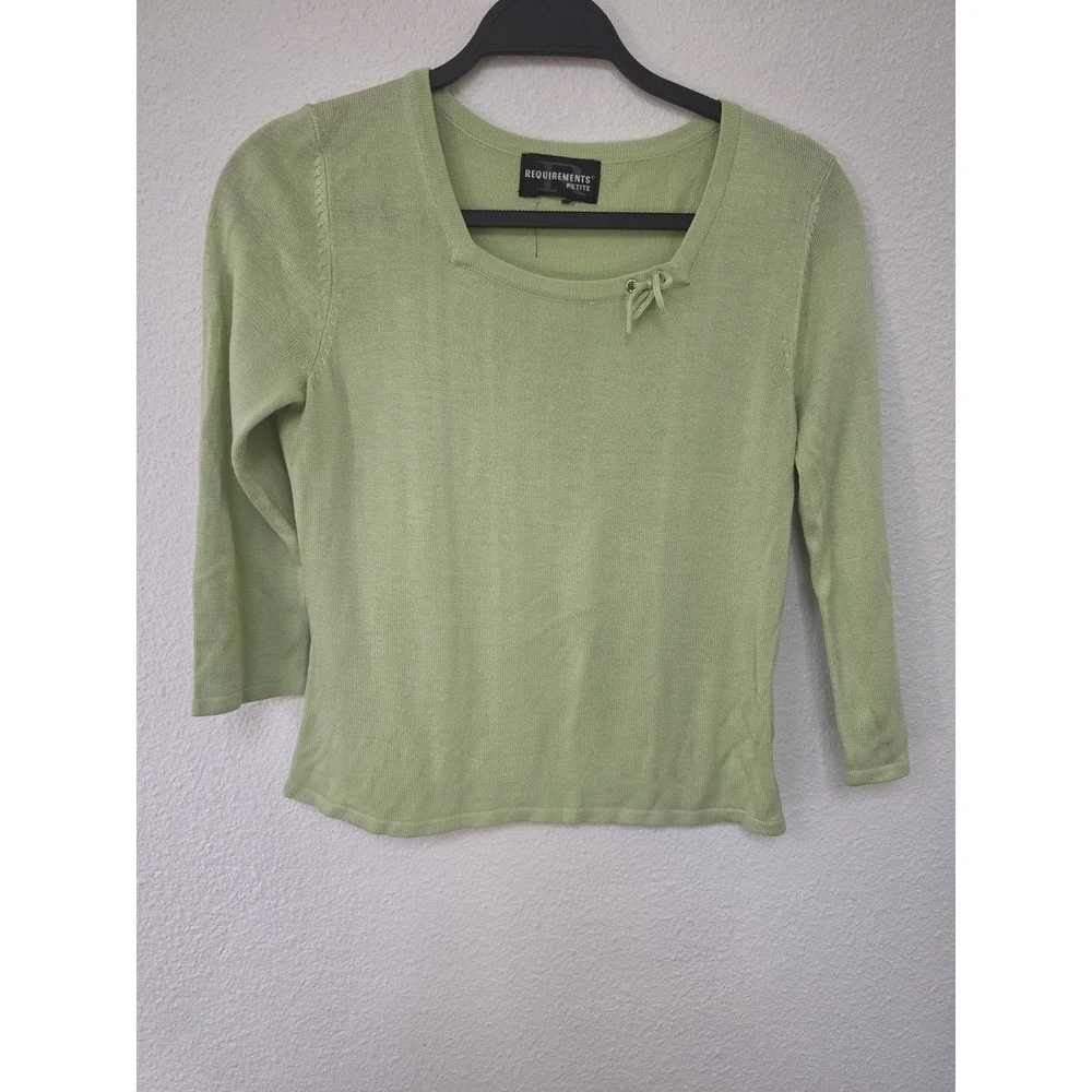 Requirements Petite Sweater 3/4 Sleeve Round Neck Light Green Solid Pullover Bow